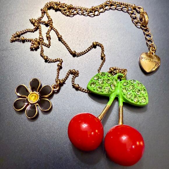 Betsey Johnson Jewelry - Betsey Johnson Vintage Red Cherries Black Daisy Necklace
